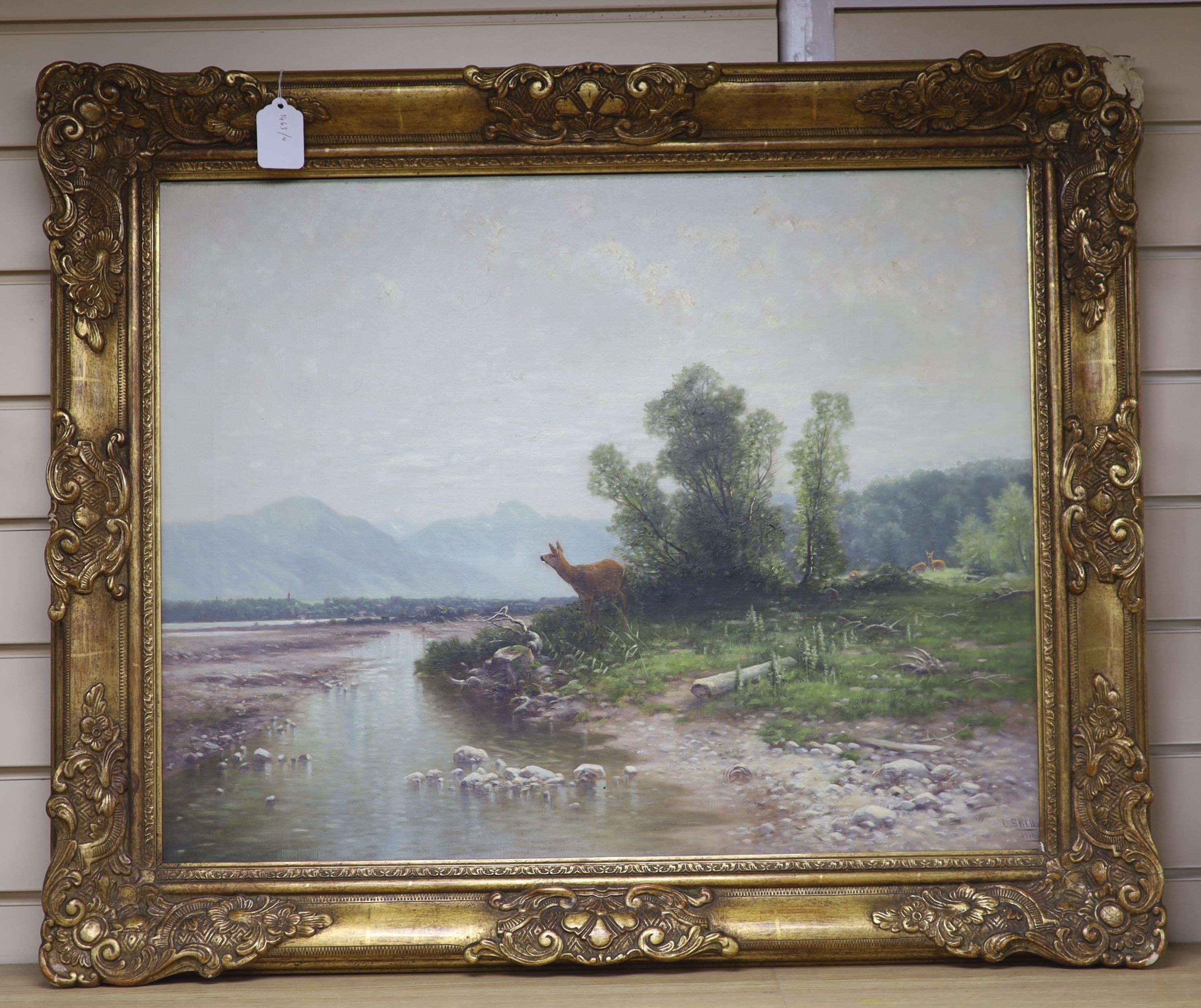 Ludwig Skell (1842-1905), oil on canvas, deer in a landscape, signed, label verso, 54 x 68cm.